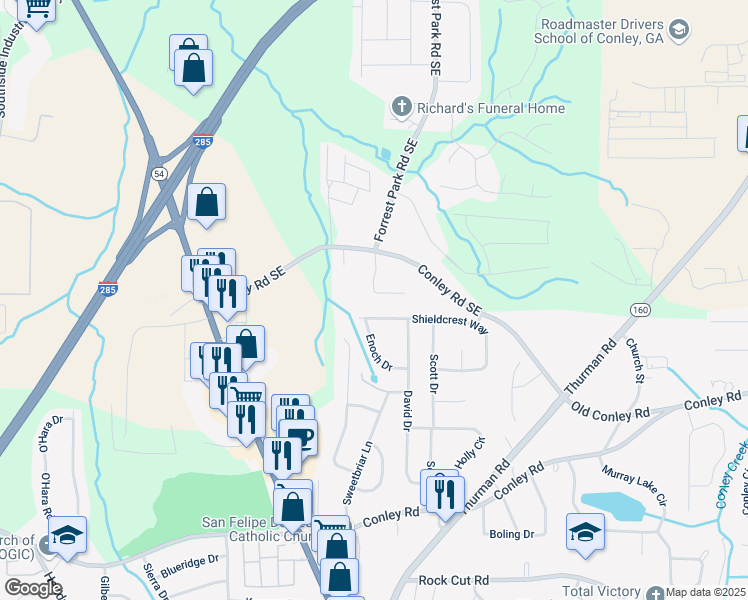 map of restaurants, bars, coffee shops, grocery stores, and more near 3893 Bonnie Lane Southeast in Atlanta