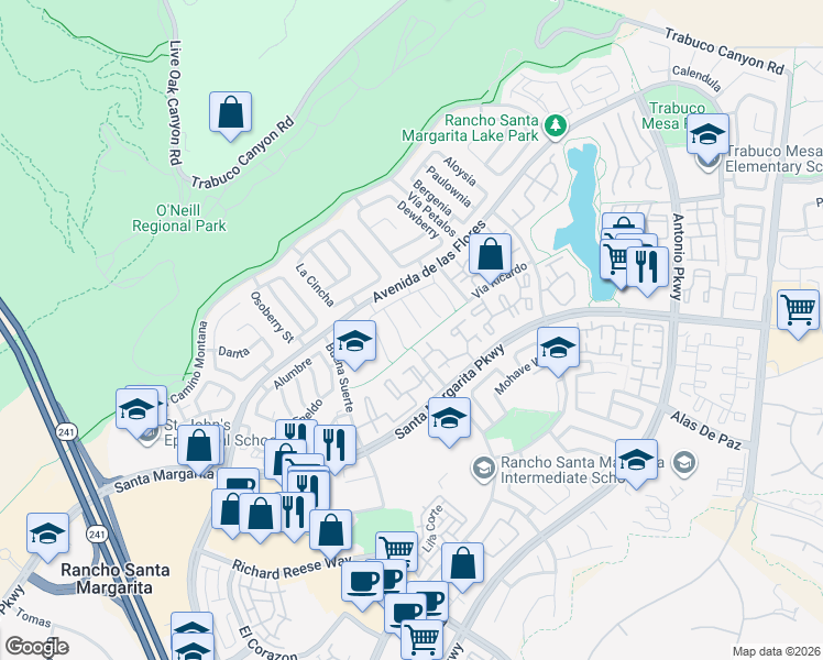 map of restaurants, bars, coffee shops, grocery stores, and more near 24 Los Abitos in Rancho Santa Margarita