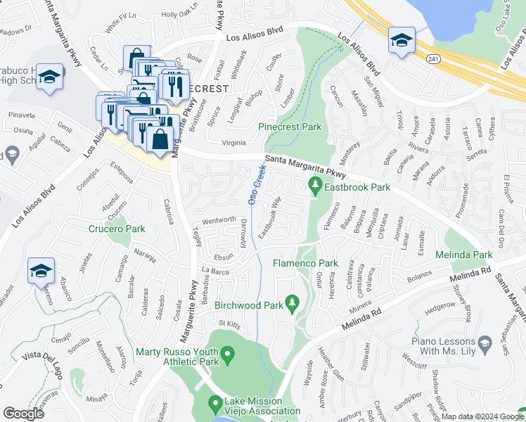 map of restaurants, bars, coffee shops, grocery stores, and more near 21592 Fernbrook in Mission Viejo