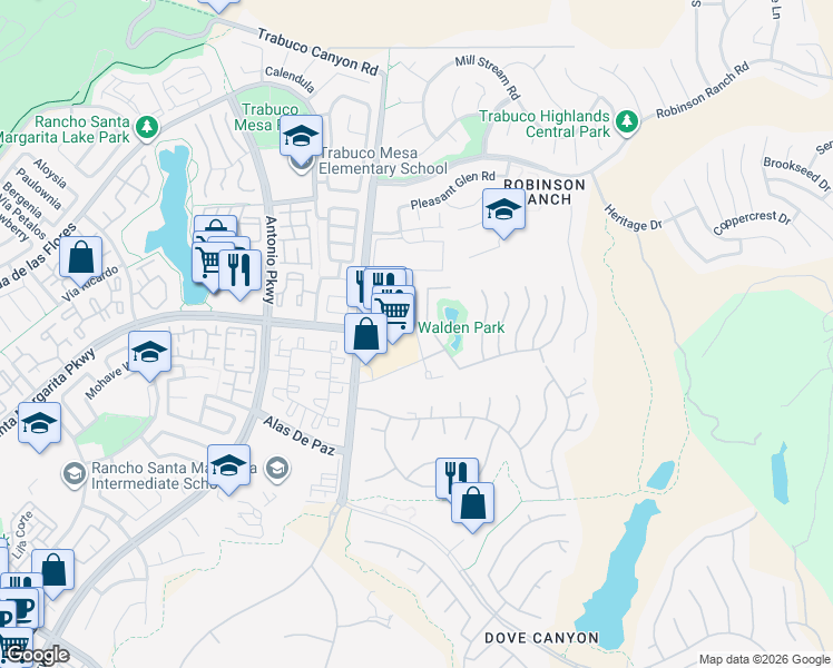 map of restaurants, bars, coffee shops, grocery stores, and more near Hemingway Court in Rancho Santa Margarita