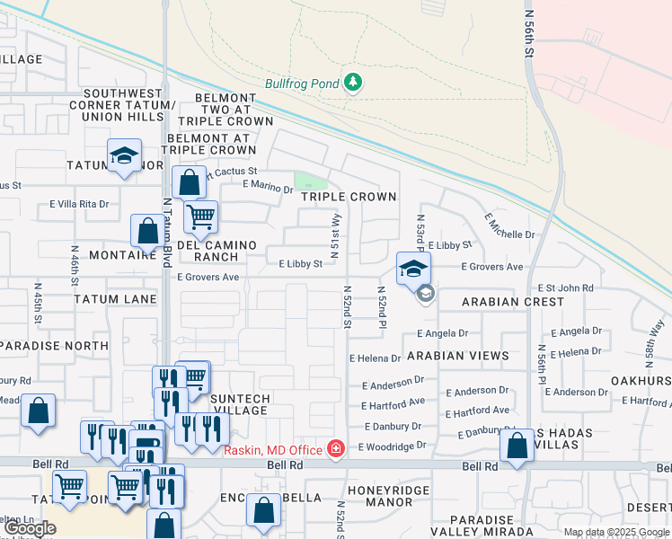 map of restaurants, bars, coffee shops, grocery stores, and more near 5135 East Libby Street in Scottsdale