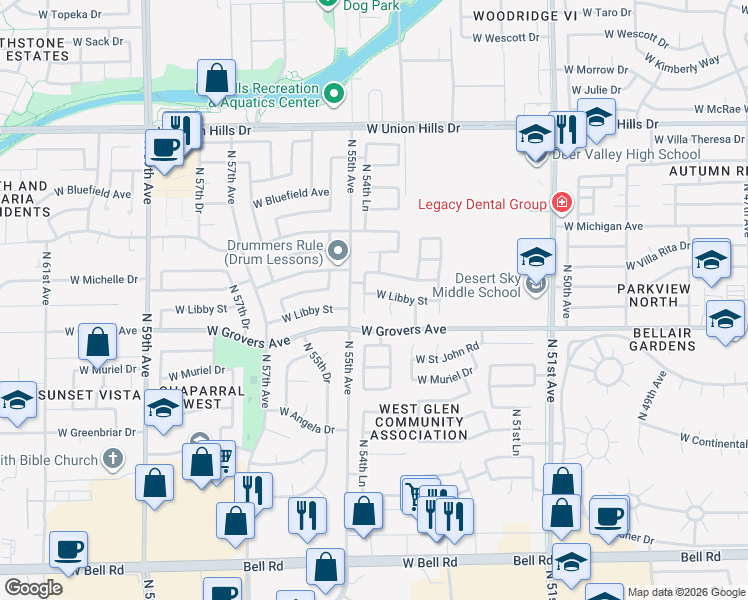 map of restaurants, bars, coffee shops, grocery stores, and more near 5435 West Libby Street in Glendale