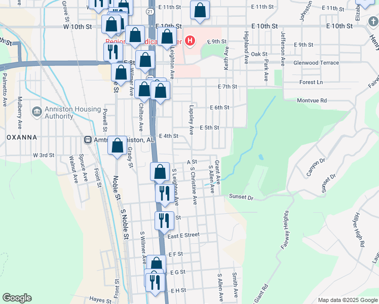 map of restaurants, bars, coffee shops, grocery stores, and more near 330 East 3rd Street in Anniston