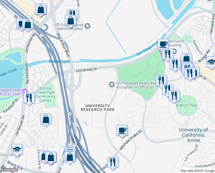 map of restaurants, bars, coffee shops, grocery stores, and more near 111 Academy Way in Irvine