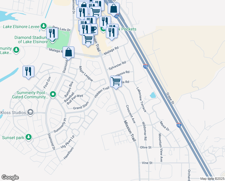 map of restaurants, bars, coffee shops, grocery stores, and more near 32401 Stoneman Street in Lake Elsinore