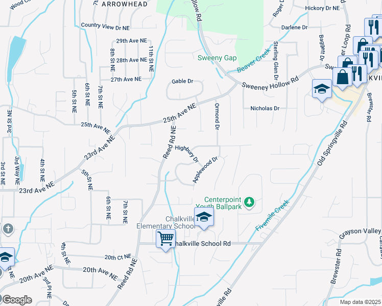 map of restaurants, bars, coffee shops, grocery stores, and more near 901 Highbury Drive in Center Point