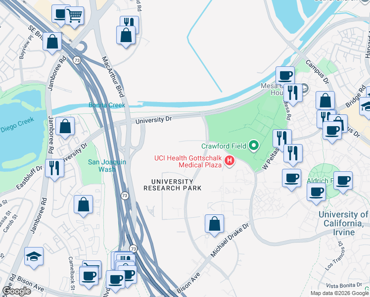 map of restaurants, bars, coffee shops, grocery stores, and more near 111 Academy Way in Irvine