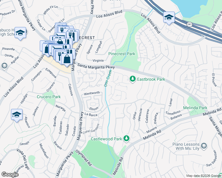 map of restaurants, bars, coffee shops, grocery stores, and more near 21592 Fernbrook in Mission Viejo