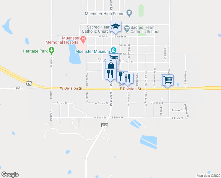map of restaurants, bars, coffee shops, grocery stores, and more near U.S. 82 in Muenster