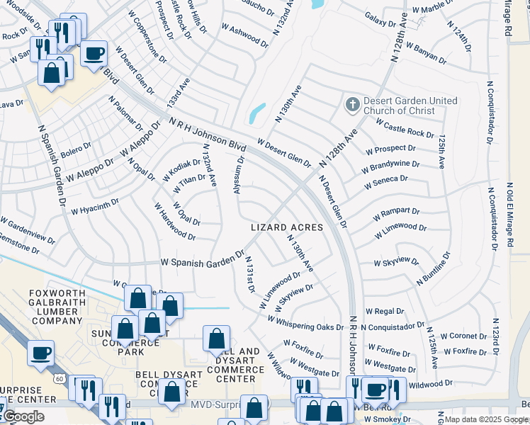 map of restaurants, bars, coffee shops, grocery stores, and more near 18206 North 130th Avenue in Sun City West