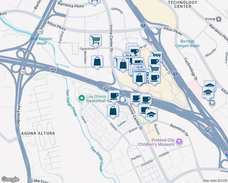 map of restaurants, bars, coffee shops, grocery stores, and more near San Diego Fwy in Irvine