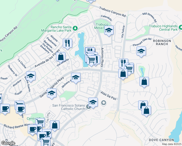 map of restaurants, bars, coffee shops, grocery stores, and more near 62 Wild Horse Loop in Rancho Santa Margarita