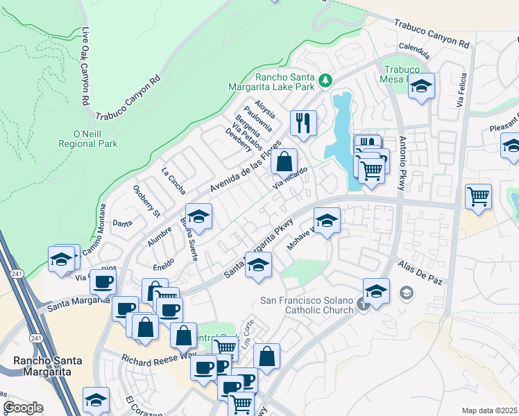 map of restaurants, bars, coffee shops, grocery stores, and more near 73 Gaviota in Rancho Santa Margarita