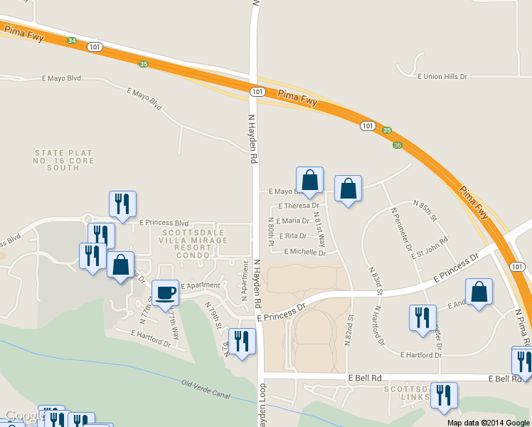 map of restaurants, bars, coffee shops, grocery stores, and more near 17882 North 80th Place in Scottsdale