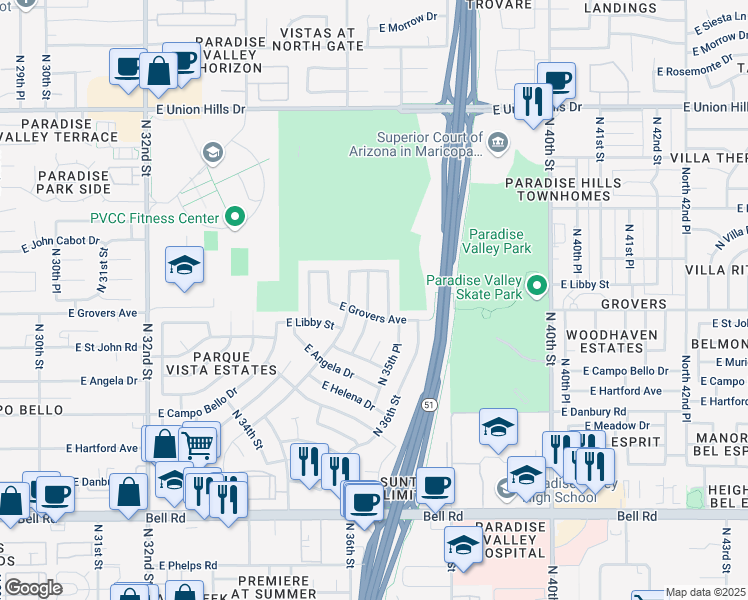 map of restaurants, bars, coffee shops, grocery stores, and more near 17808 North 35th Place in Phoenix