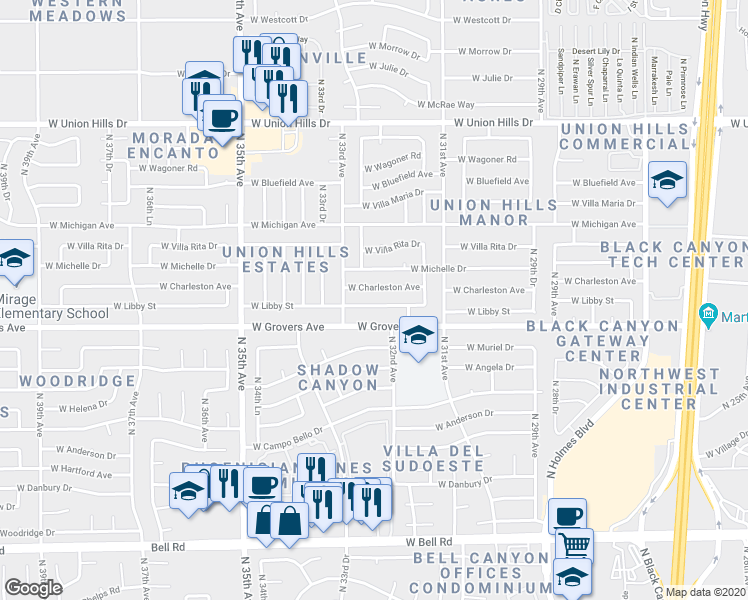 map of restaurants, bars, coffee shops, grocery stores, and more near 3245 West Libby Street in Phoenix