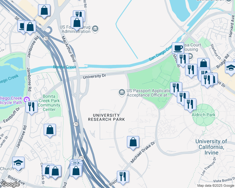 map of restaurants, bars, coffee shops, grocery stores, and more near 111 Academy Way in Irvine