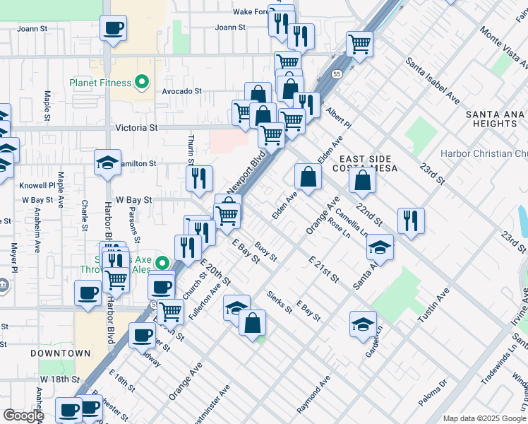 map of restaurants, bars, coffee shops, grocery stores, and more near 146 East 21st Street in Costa Mesa