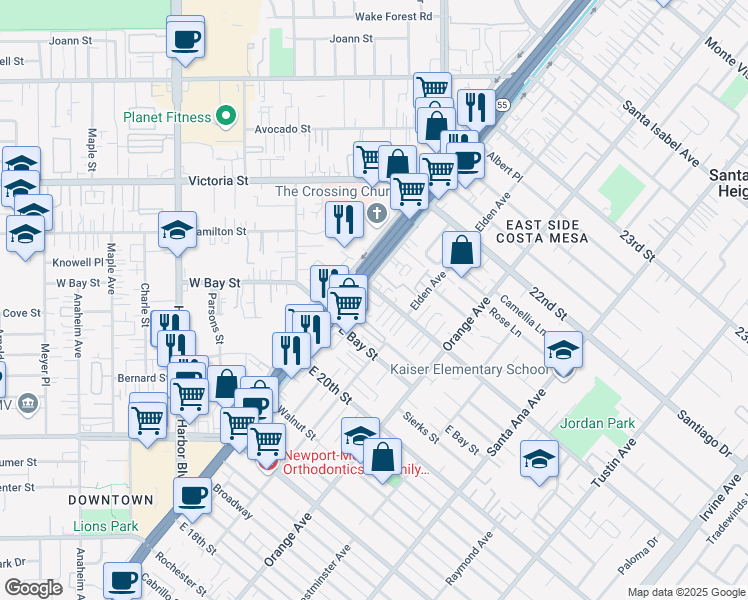 map of restaurants, bars, coffee shops, grocery stores, and more near 127 East 21st Street in Costa Mesa