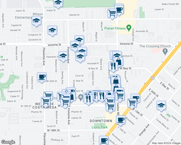 map of restaurants, bars, coffee shops, grocery stores, and more near 591 Seabright Circle in Costa Mesa