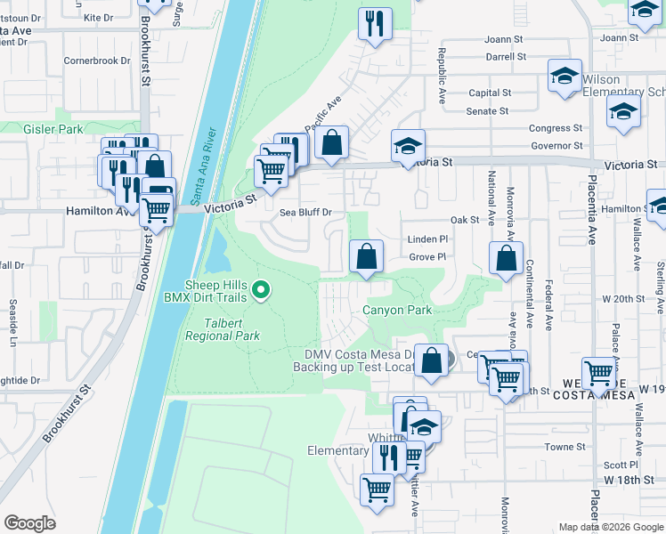 map of restaurants, bars, coffee shops, grocery stores, and more near 1095 Sea Terrace Lane in Costa Mesa