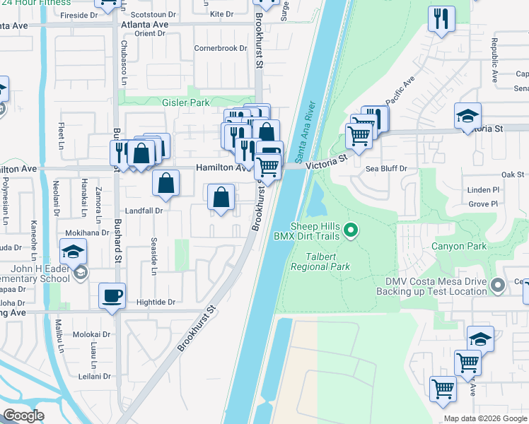 map of restaurants, bars, coffee shops, grocery stores, and more near 21661 Brookhurst Street in Huntington Beach