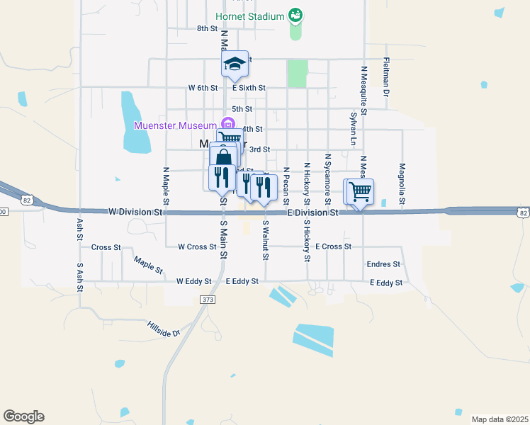 map of restaurants, bars, coffee shops, grocery stores, and more near 300 East Division Street in Muenster