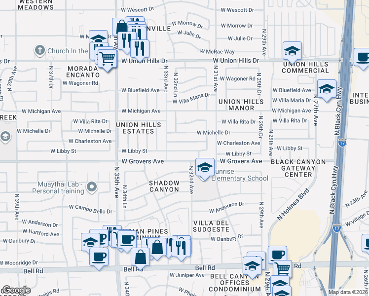 map of restaurants, bars, coffee shops, grocery stores, and more near 3203 West Libby Street in Phoenix