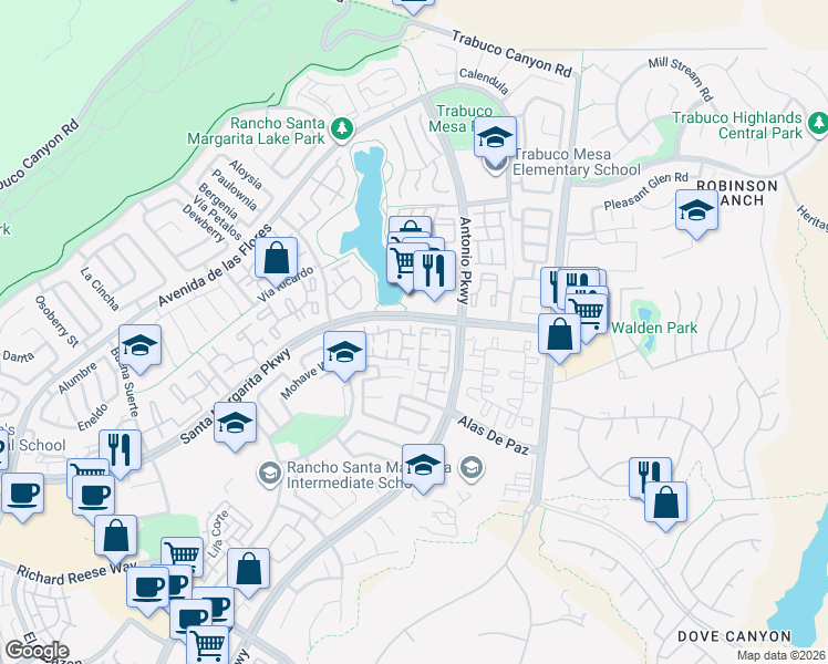 map of restaurants, bars, coffee shops, grocery stores, and more near 62 Wild Horse Loop in Rancho Santa Margarita