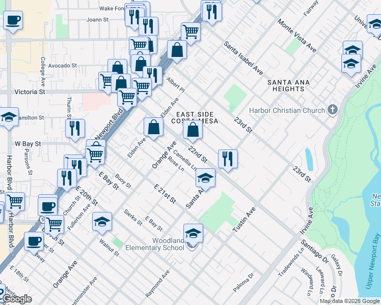 map of restaurants, bars, coffee shops, grocery stores, and more near 235 22nd Street in Costa Mesa