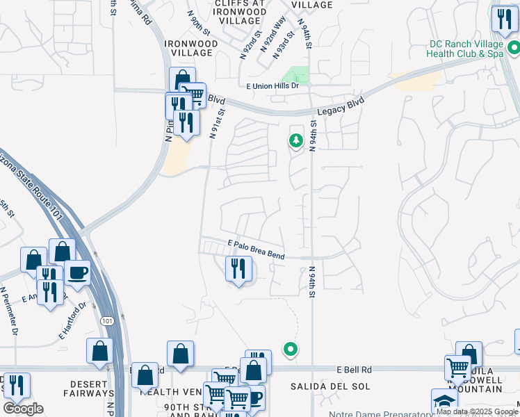 map of restaurants, bars, coffee shops, grocery stores, and more near 17823 North 92nd Way in Scottsdale