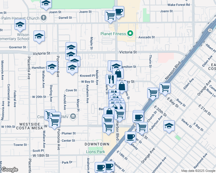map of restaurants, bars, coffee shops, grocery stores, and more near in Costa Mesa
