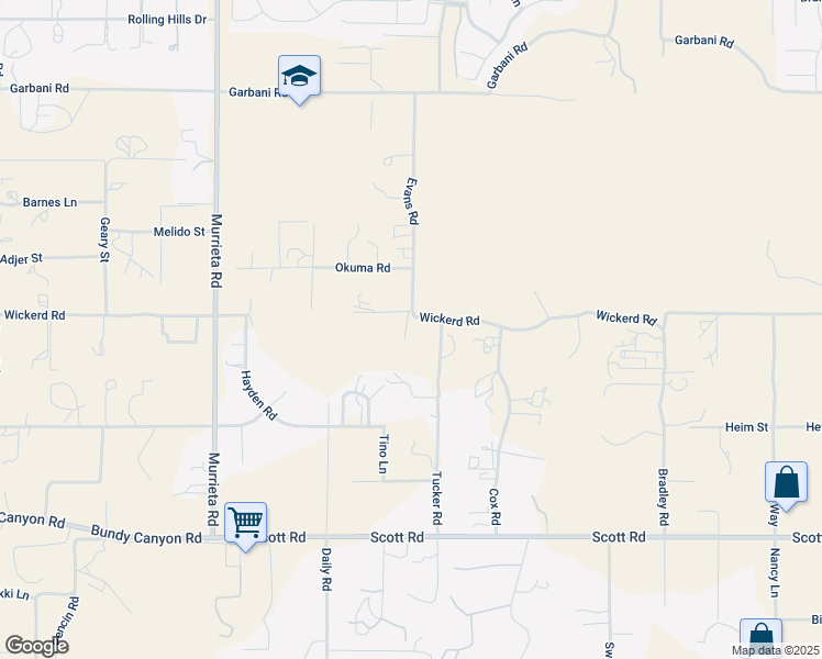 map of restaurants, bars, coffee shops, grocery stores, and more near 26031 Wickerd Road in Menifee