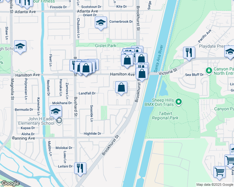 map of restaurants, bars, coffee shops, grocery stores, and more near 21661 Brookhurst Street in Huntington Beach