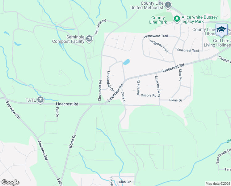 map of restaurants, bars, coffee shops, grocery stores, and more near Linecrest Rd & Lincolndale Dr in Ellenwood