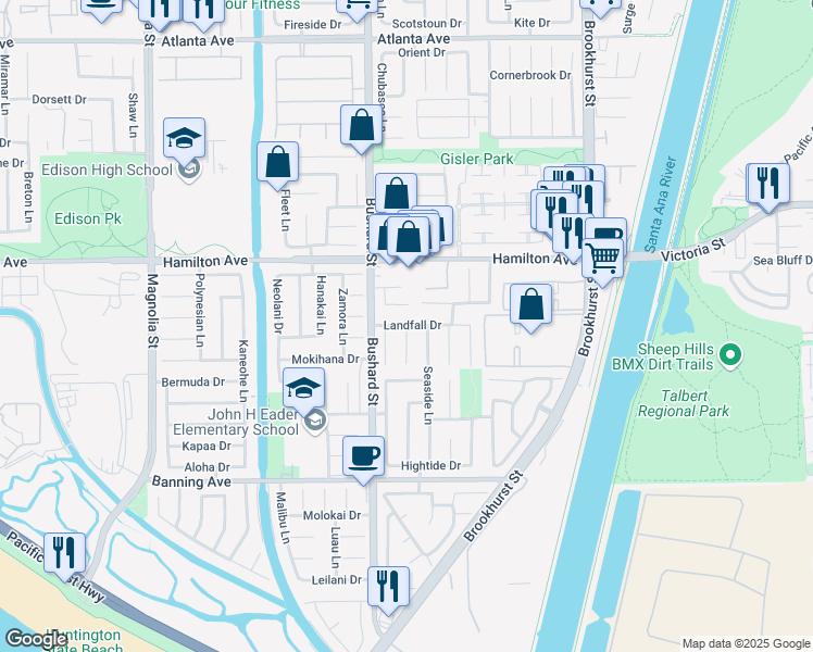 map of restaurants, bars, coffee shops, grocery stores, and more near 12183 Saluda Circle in Huntington Beach