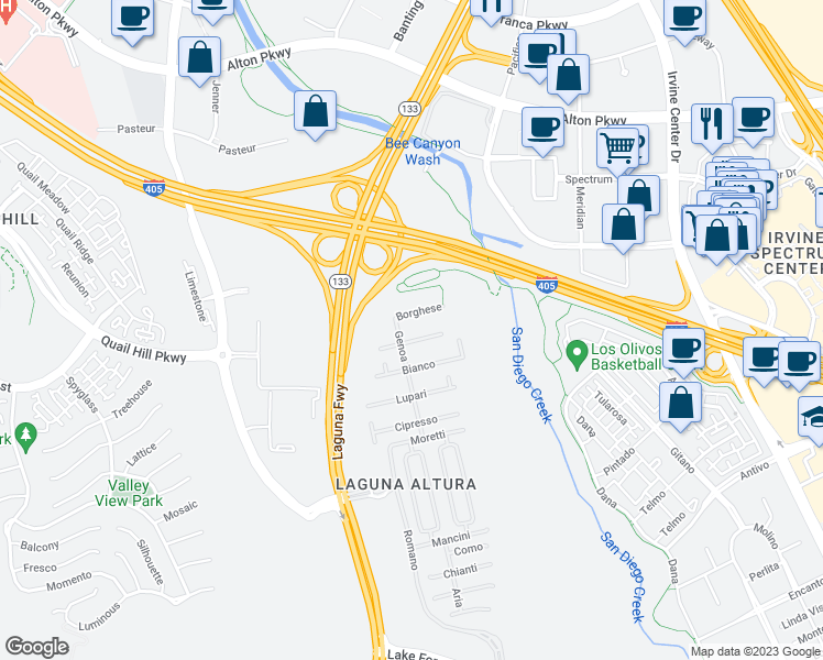 map of restaurants, bars, coffee shops, grocery stores, and more near 61 Brindisi in Irvine