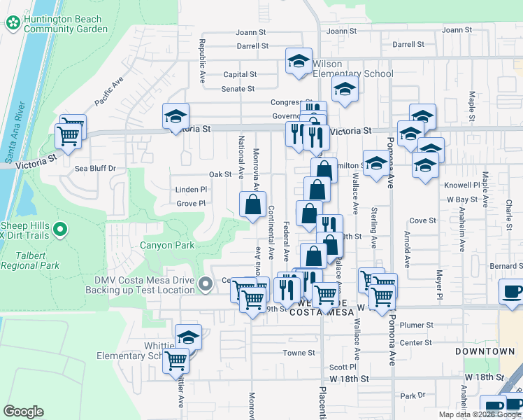 map of restaurants, bars, coffee shops, grocery stores, and more near 2040 Monrovia Avenue in Costa Mesa