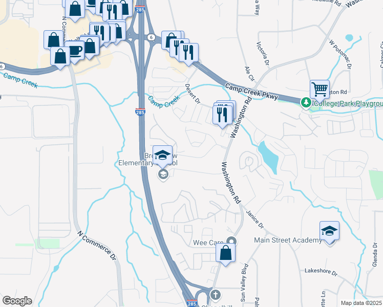 map of restaurants, bars, coffee shops, grocery stores, and more near 5643 Laurel Ridge Drive in East Point
