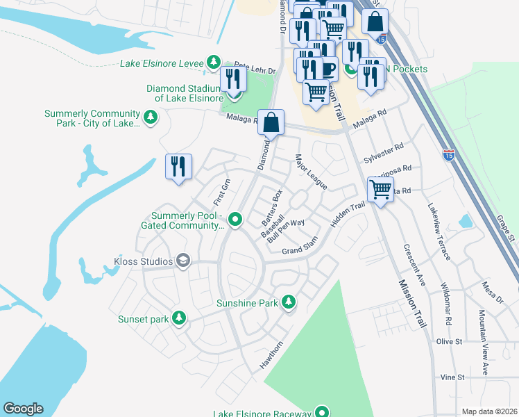 map of restaurants, bars, coffee shops, grocery stores, and more near 29321 Champion in Lake Elsinore