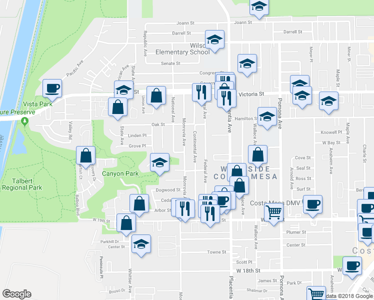map of restaurants, bars, coffee shops, grocery stores, and more near 2040 Monrovia Avenue in Costa Mesa