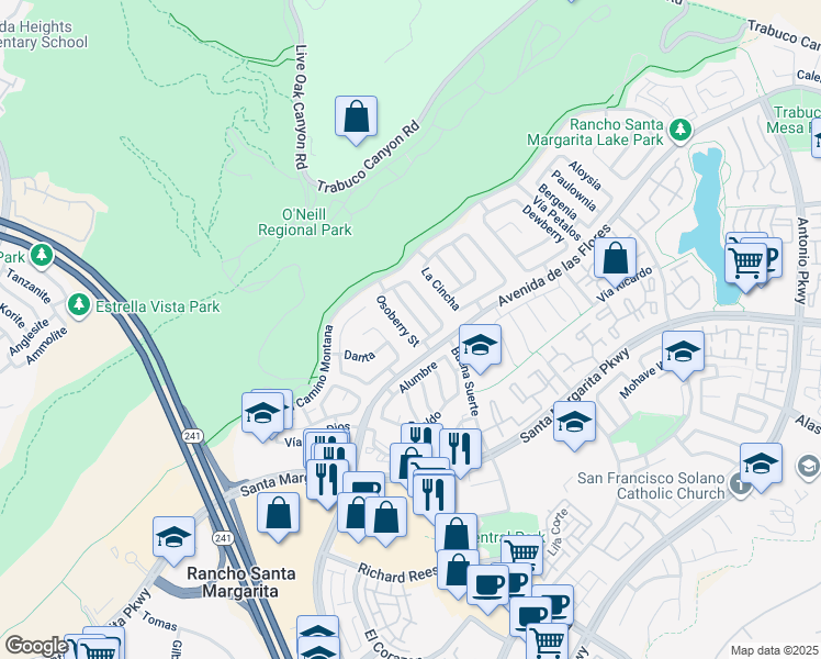 map of restaurants, bars, coffee shops, grocery stores, and more near 2 Osoberry Street in Rancho Santa Margarita