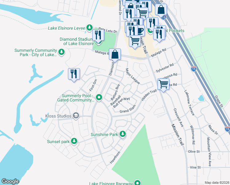 map of restaurants, bars, coffee shops, grocery stores, and more near 29325 Centerfield in Lake Elsinore