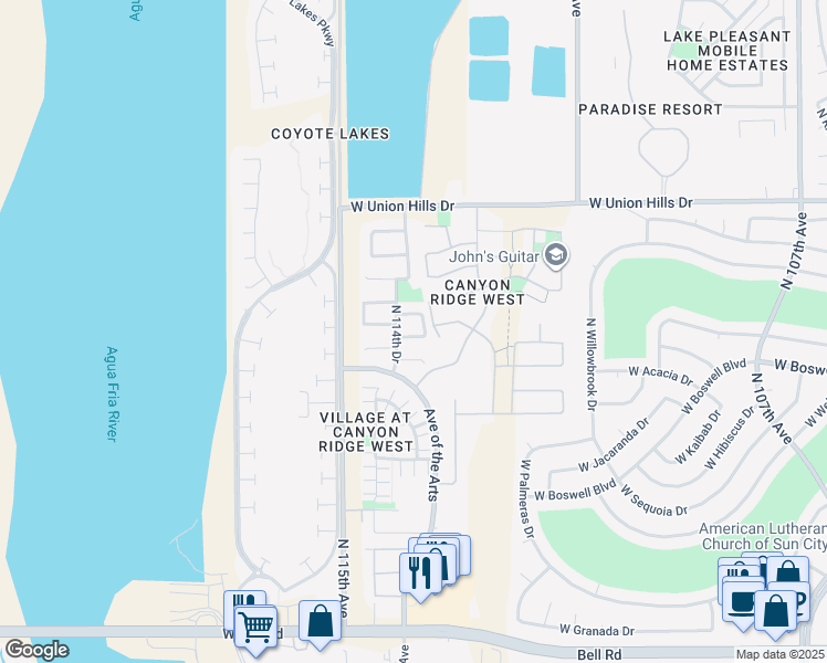 map of restaurants, bars, coffee shops, grocery stores, and more near 11429 West Austin Thomas Drive in Surprise