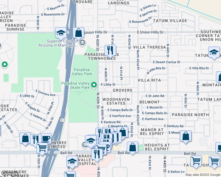 map of restaurants, bars, coffee shops, grocery stores, and more near 17805 North 40th Street in Phoenix