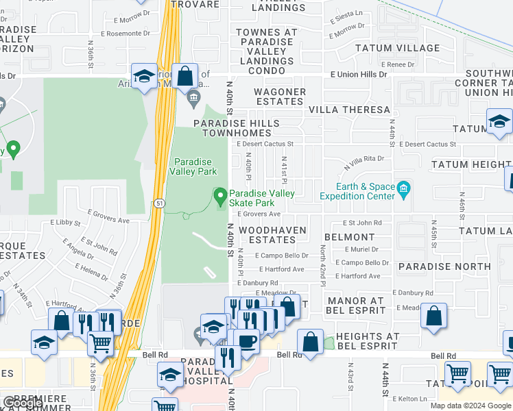 map of restaurants, bars, coffee shops, grocery stores, and more near 17805 North 40th Street in Phoenix