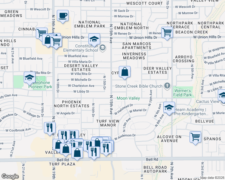 map of restaurants, bars, coffee shops, grocery stores, and more near 17816 North 15th Avenue in Phoenix