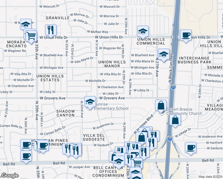 map of restaurants, bars, coffee shops, grocery stores, and more near 2954 West Libby Street in Phoenix