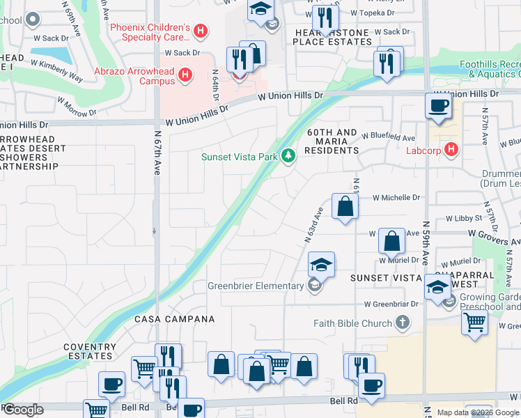 map of restaurants, bars, coffee shops, grocery stores, and more near 6417 West Libby Street in Glendale