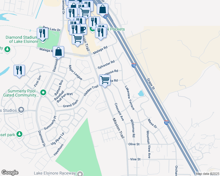 map of restaurants, bars, coffee shops, grocery stores, and more near 32501 Crescent Avenue in Lake Elsinore